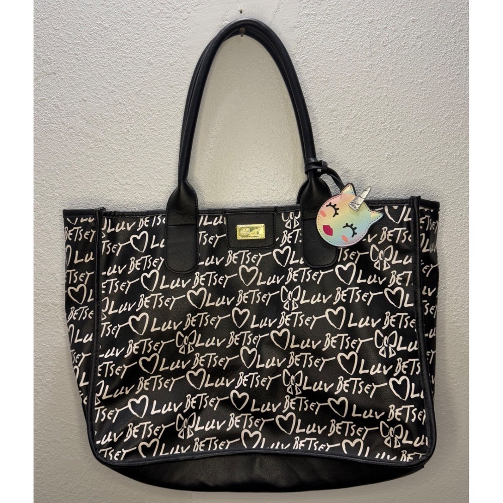Luv Betsey Johnson Black White Logo Heart Bow Tote Bag with Unicorn Charm